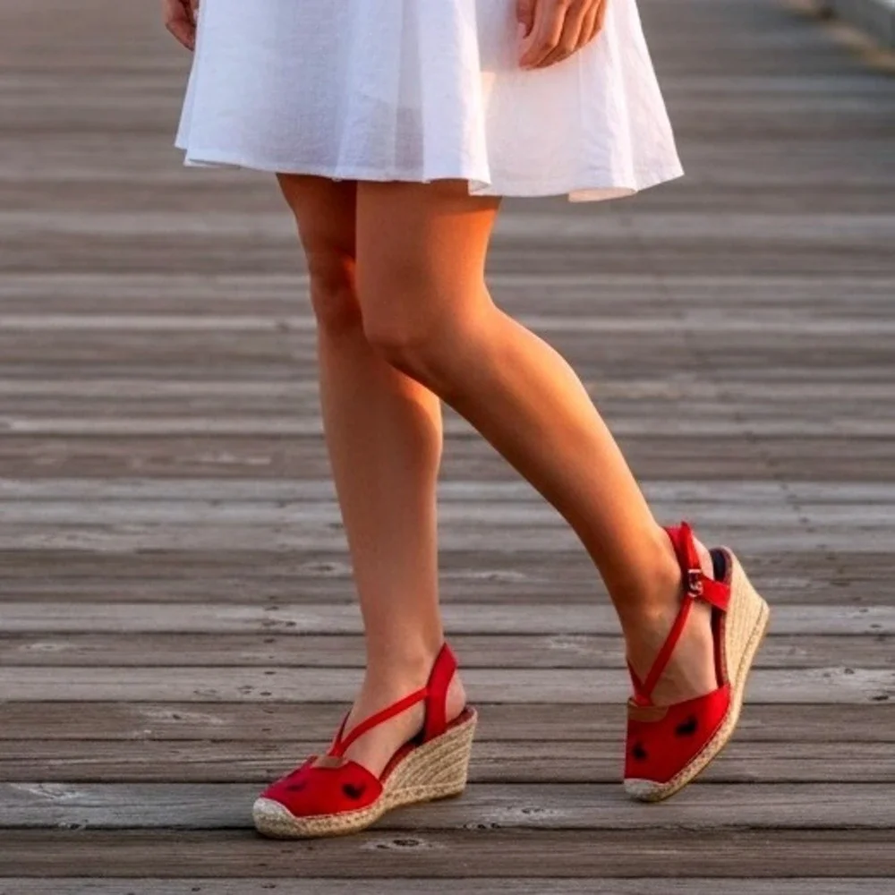 Lauren Ralph Lauren Vtge Espadrille Wedges SZ9 Red‎ Whale Embroidery Slingback